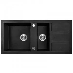 LAVEO SBB 731T BARBADOS Zlewozmywak granitowy 1,5 komory z ociekaczem Wymiary: 480x1000x185 mm Kolor: czarny - Zlewozmywaki - miniaturka - grafika 1