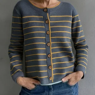 TEMU Sweter kardigan damski w paski z długim rękawem, modny i casualowy, pomarańczowo-kolorowy - Swetry damskie - miniaturka - grafika 1