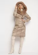 Kurtki damskie - Beżowa Pikowana Kurtka za Kolano z Ozdobnym Futerkiem Velveti - miniaturka - grafika 1