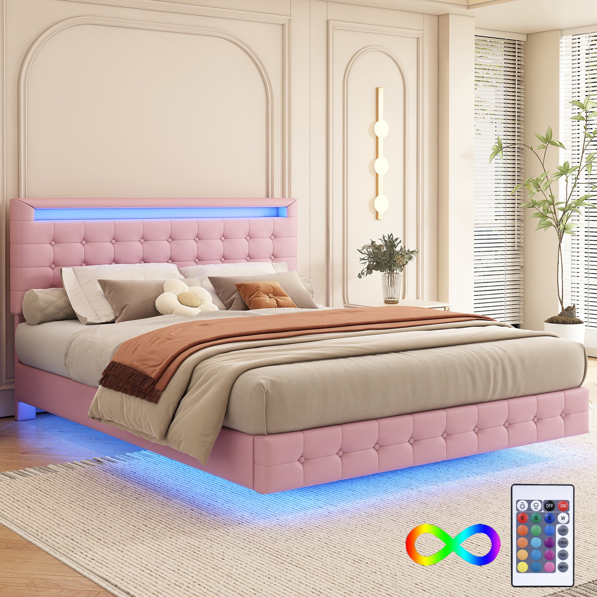 Łóżko tapicerowane Flieks 140x200cm z LED, łóżko młodzieżowe dwuosobowe z regulowanym zagłówkiem, klasyczne łóżko drewniane ze stelażem listwowym, PU, różowe
