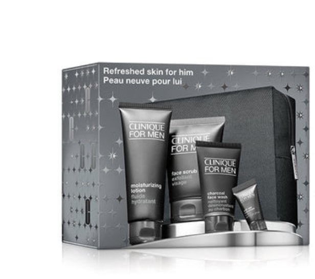 Clinique Clinique For Men Refreshed Skin for Him zestaw peeling do twarzy 100ml + balsam nawilżający 100ml + żel do mycia twarzy 50ml + krem pod oczy 7ml + kosmetyczka