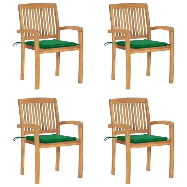 Zestaw 4 Drewnianych Krzeseł Ogrodowych Tekowych, Zielone Poduszki 60x57,5