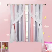 Firany i zasłony dla dzieci - Zasłony z oczkami Zestaw 2 zasłon Sypialnia Pokój dziecięcy Dziewczęta Zaciemniająca nieprzezroczysta zasłona z wydrążoną gwiazdą i woalem, 1,3 * 1,6 m, różowy + szary - miniaturka - grafika 1
