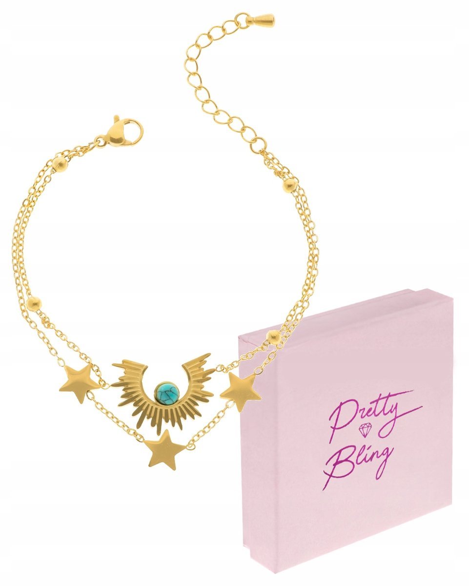 Bransoletka damska pozłacana GWIAZDKI TURKUS stal