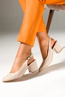 Czółenka - Beżowe czółenka damskie Sergio Leone na szerokim słupku ażurowe z odkrytą piętą skórzana wkładka SK170-CA - miniaturka - grafika 1