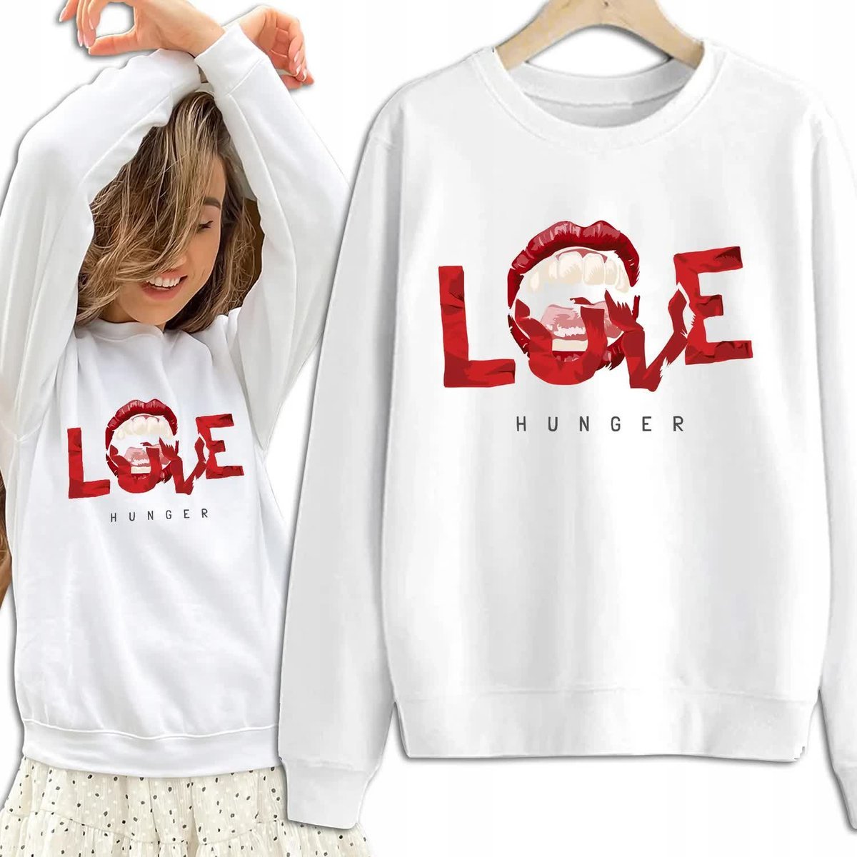 Bluza Damska Biała Dresowa LOVE HUNGER Kobiece Dziewczęce Wzory Rozmiar S