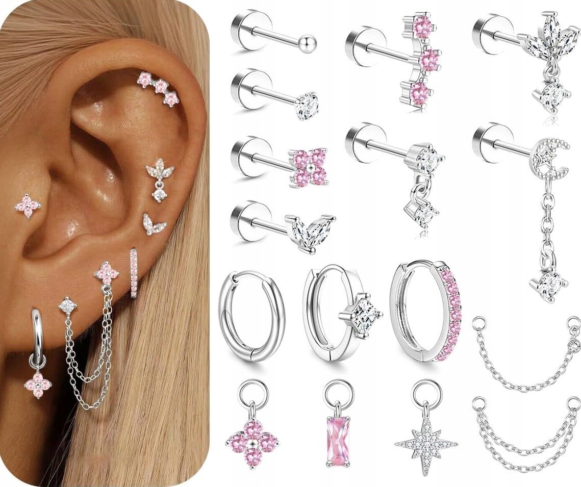 KOLCZYKI PIERCING UCHA ZESTAW 16 SZTUK STAL CHIRURGICZNA WODOODPORNE