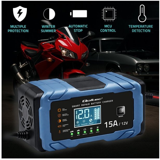Qoltec Prostownik z funkcją naprawy AGM GEL LiFePO4 12V 15A 52666