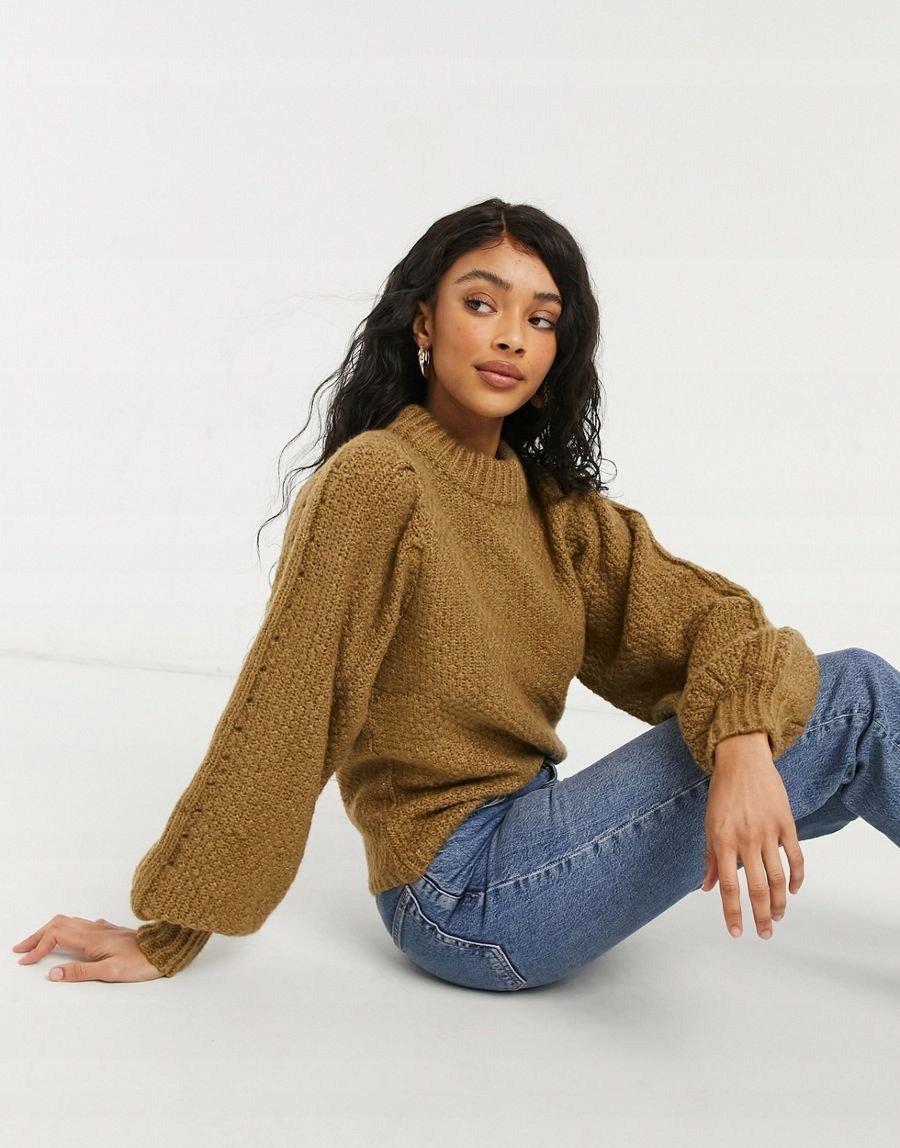 Sweter Damski Klasyczny Beżowy Gładki 36 Nmb