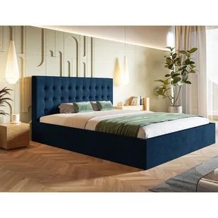Łóżko tapicerowane SIM 2 z zagłówkiem, 160x200 cm, łóżko podwójne z podstawą łóżka i stelażem wykonanym z drewna, tkanina welurowa, kolor: niebieski - Łóżka - miniaturka - grafika 1