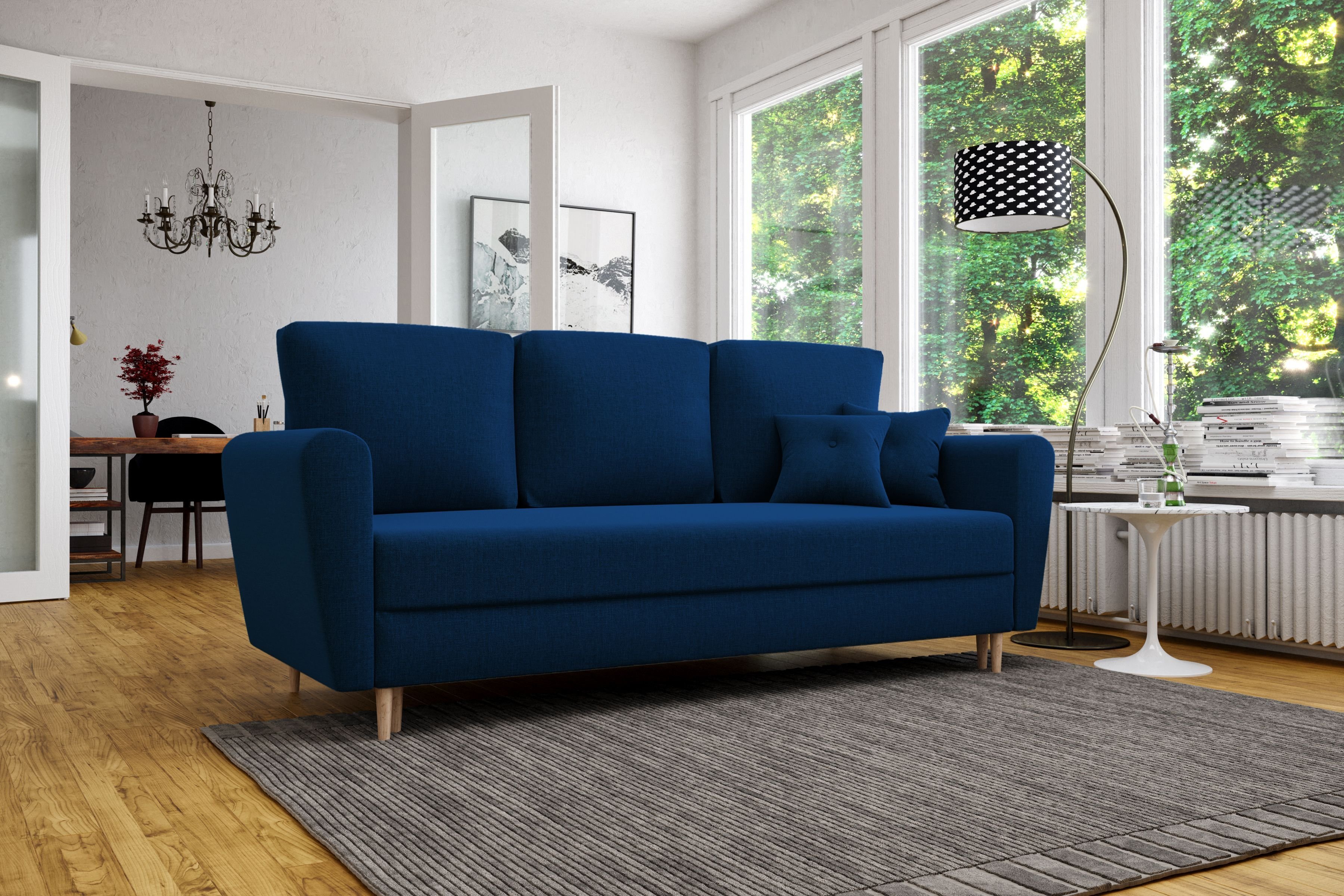 Sofa rozkładana LILI, sofa z funkcją spania i pojemnikiem na pościel, sofa rozkładana, sofa na nóżkach z naturalnego drewna, sofa w kolorze: niebieski, tkanina welurowa