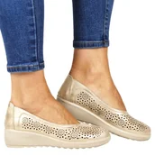 Półbuty damskie - DAMSKIE PÓŁBUTY WSUWANE AŻUROWE NA KOTURNIE POTOCKI 90300 ZŁOTE GOLD - miniaturka - grafika 1