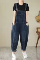 Spodnie damskie - Szerokie jeansowe ogrodniczki damskie - Niebieski M - miniaturka - grafika 1