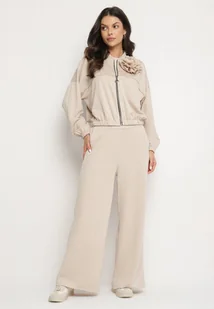 Ciemnobeżowy Komplet Dresowy z Wiskozą Szerokie Spodnie i Bluza ze Stójką i Broszką Redasena - Komplety damskie - miniaturka - grafika 1