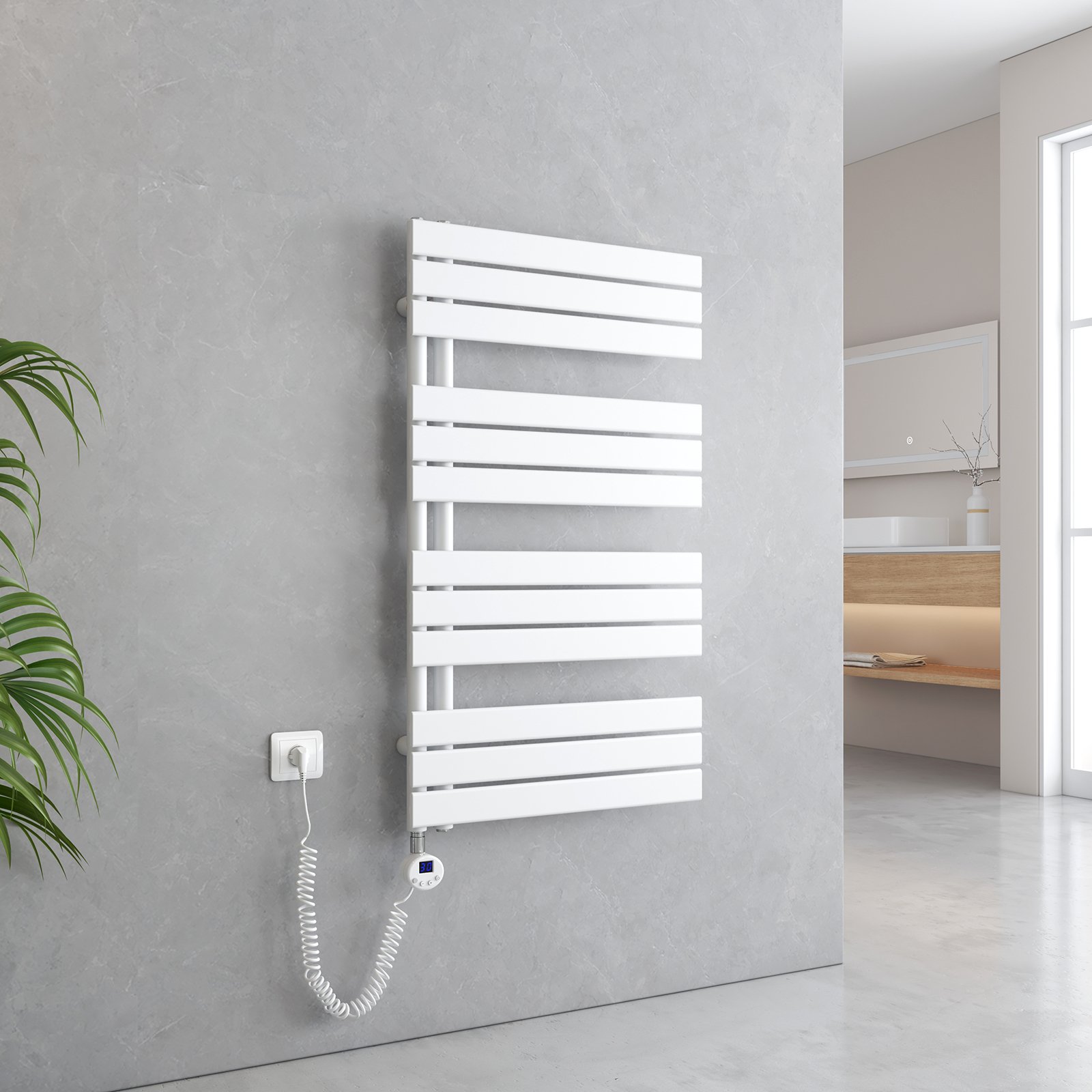 EMKE Suszarka do ręczników Elektryczny asymetryczny grzejnik łazienkowy z termostatem czasowym Podgrzewacz ręczników 1041 x 600 mm Biały grzejnik łazienkowy z prętem grzejnym 600 W