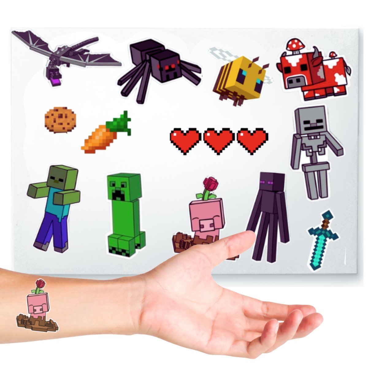 TATUAŻE MINECRAFT TYMCZASOWE DLA DZIECI DZIECIĘCE WZORY 12szt ARKUSZ