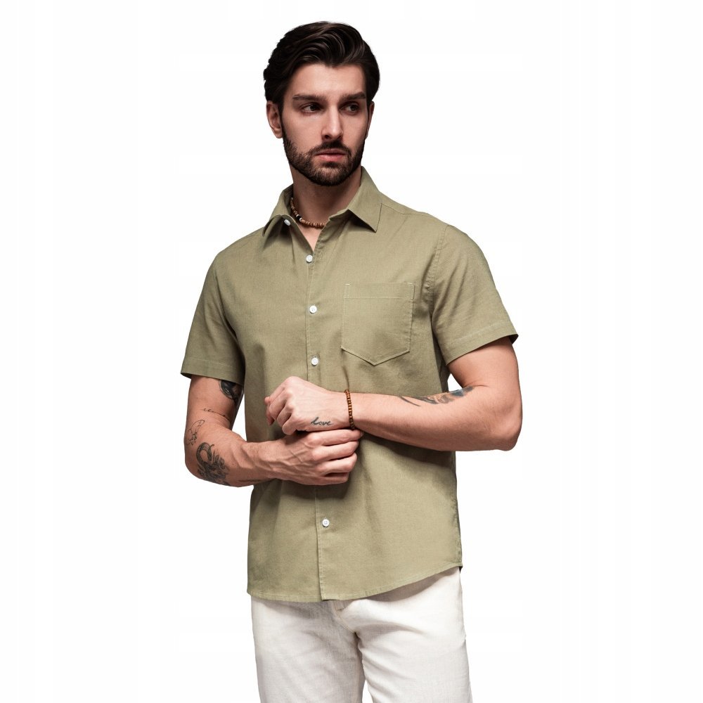 Męska koszula oliwkowa casual len i bawełna Ombre OM-SHSS-0167 V6 roz. L