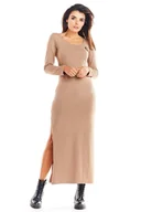 Bluzy damskie - Beżowa Długa Dzianinowa Sukienka z Rozcięciami na Bokach - Infinite You - miniaturka - grafika 1
