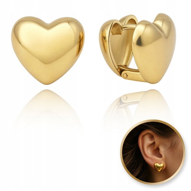 Kolczyki ze stali szlachetnej platerowane 14k złotem, dwustronne serca KST3