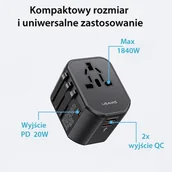 Ładowarki do telefonów - USAMS Adapter siec 2xUSB+1xUSB-C T59 20W 4w1 US/AU/EU/UK czarny/black CC179TC01 (US-CC179) Univesal Travel Charger - miniaturka - grafika 1