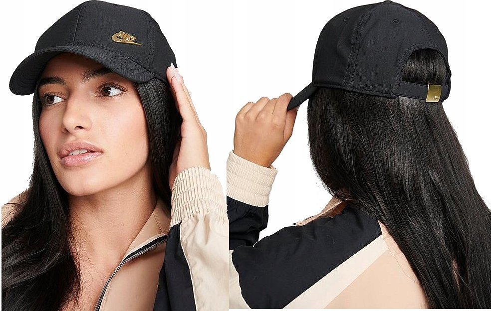 CZAPKA DAMSKA NIKE METAL Z DASZKIEM SWOOSH CZARNA ZŁOTE METALOWE LOGO GOLD