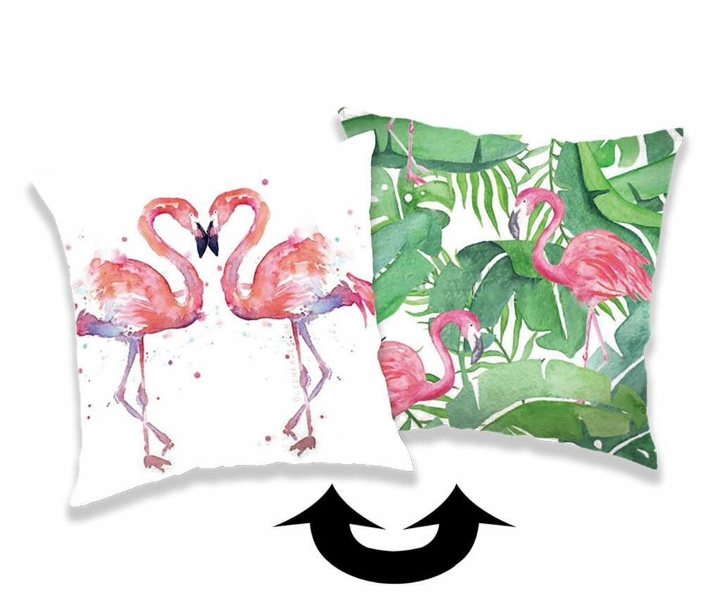 Poduszka z cekinami 40x40 3D Flamingi różowe liście palmy zielone