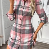 Inne - TEMU [Wiosenna Świeżość] Elegancka Sukienka w Kratę z Bocznym Sznurkiem i Marszczonym Tyłem, 100% Poliester, Możliwość Prania w Pralce - Kolekcja - miniaturka - grafika 1