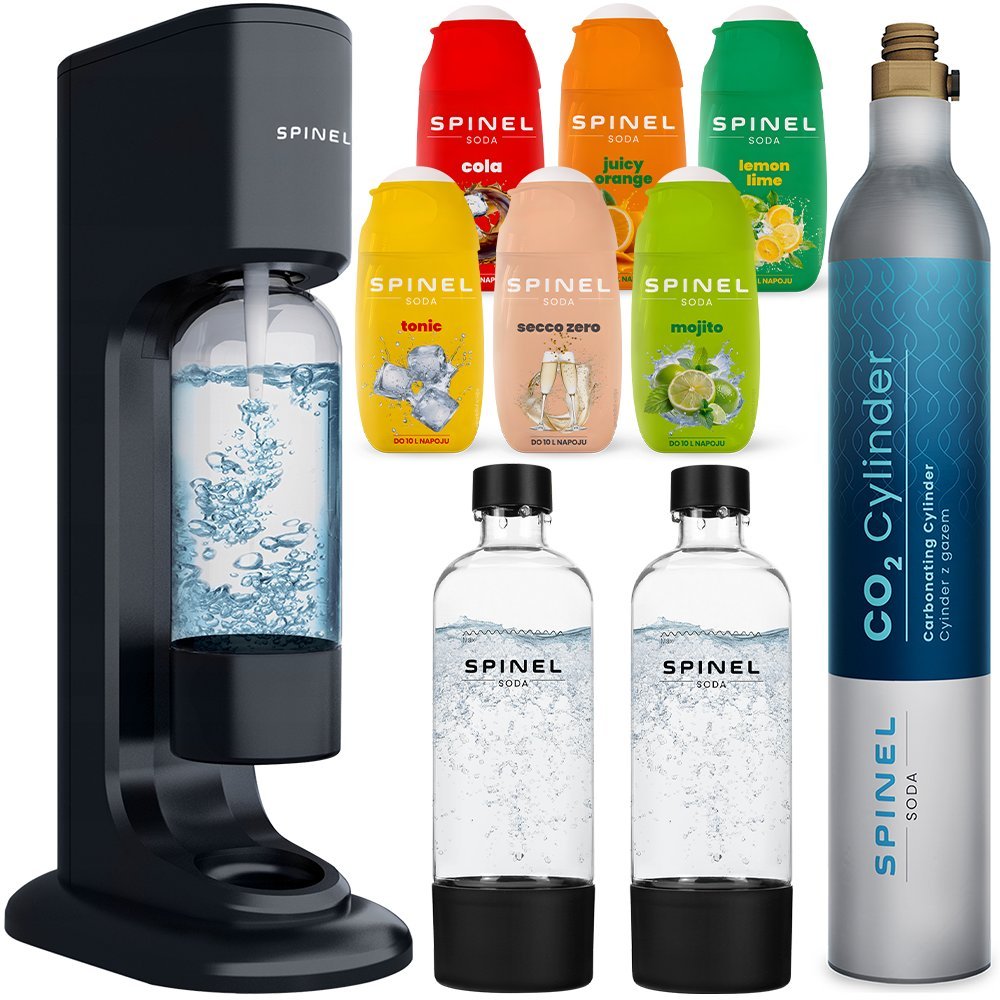Saturator SPINEL SODA BubbleON - zestaw z butelkami i syropami do wody gazowanej bez cukru domowy gazownik CO2 BPA free