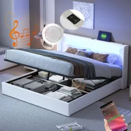 Łóżka - Łóżko tapicerowane Flieks 160x200cm z odtwarzaczem USB i Bluetooth, łóżko na sprężynach skrzyniowych, łóżko podwójne z LED i stelażem listwowym, łóżko młodzieżowe, PU, białe - miniaturka - grafika 1