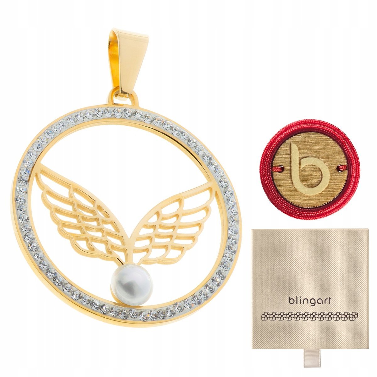 Wisiorek damski stal chirurgiczna skrzydła pozłacany perła BLINGART