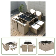 Meble ogrodowe - The Living Store 9-cz. zestaw mebli ogrodowych z poduszkami - rattan PE - beżowy - Ogrodowy Stół I Krzesła - miniaturka - grafika 1