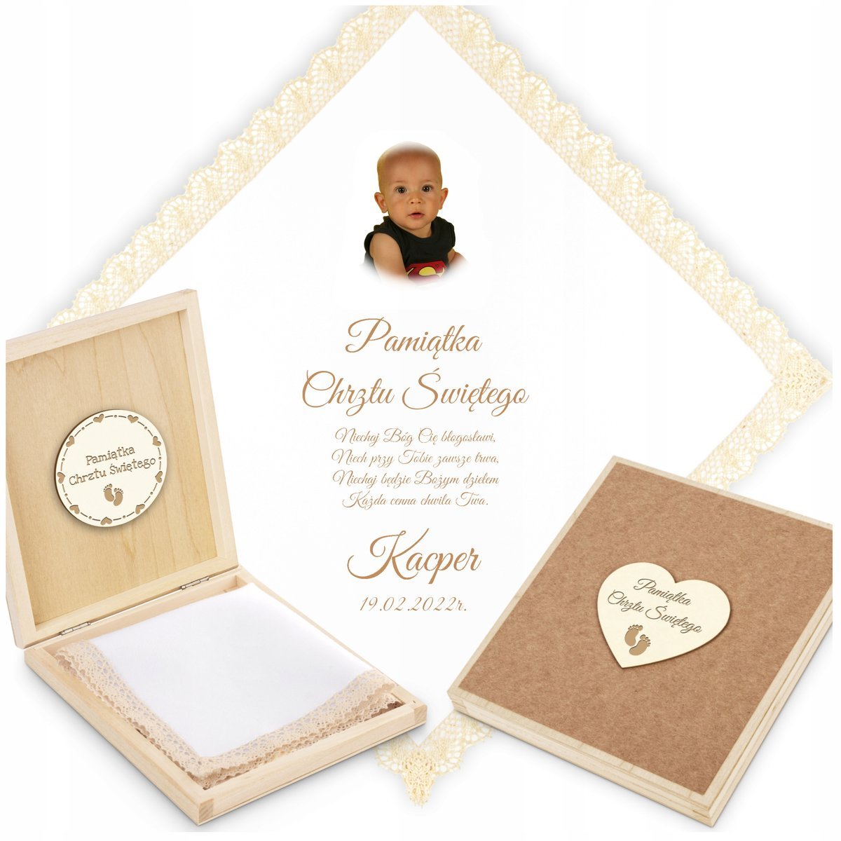 Szatka do Chrztu z Imieniem Biała Szatka na Chrzest ze ZDJĘCIEM PUDEŁKO szt