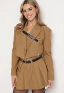 Komplety damskie - Jasnobrązowy Garniturowy Komplet Krótka Marynarka z Paskiem i Plisowane Spódnico-Spodenki Rosivia - miniaturka - grafika 1