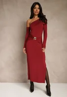 Sukienki - Bordowa Sukienka z Wiskozą Aplikacją Marszczeniem i Wywiniętym Dekoltem Reilenna - miniaturka - grafika 1