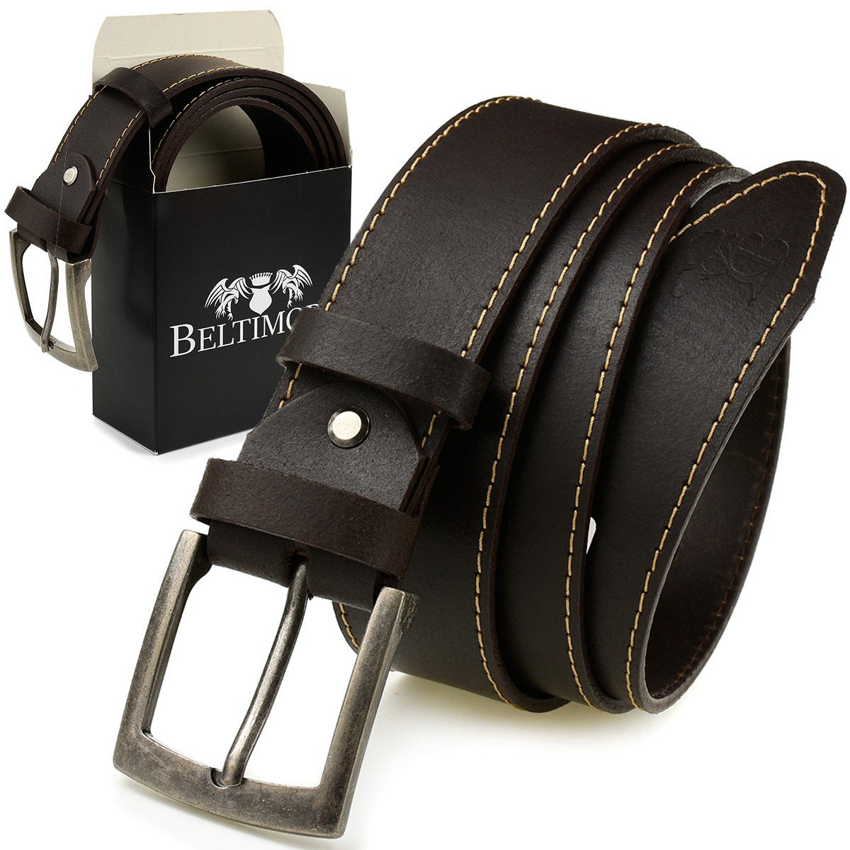 Pasek męski skórzany klamra 4 cm ciemny bąz BELTIMORE A35 brązowy, beżowy r.90-105 cm