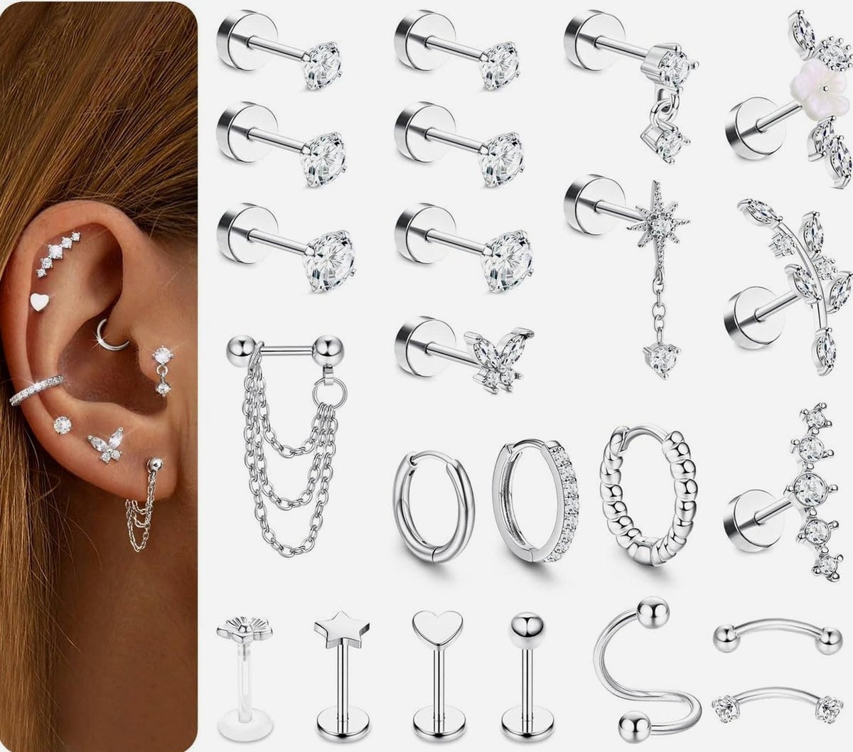 KOLCZYKI 23 SZTUKI PIERCING UCHA CHRZĄSTKI HELIX TRAGUS STALOWE ZŁOTE