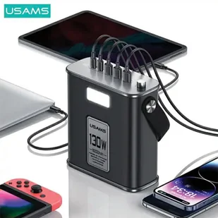 USAMS Powerbank 80000mAh 130W 2C+3A QC3.0+PD Fast Charge beżowy/beige STXLOGTC02 (US-CD196) + kabel USB-C-USB-C 100W 2m - Powerbanki - miniaturka - grafika 6