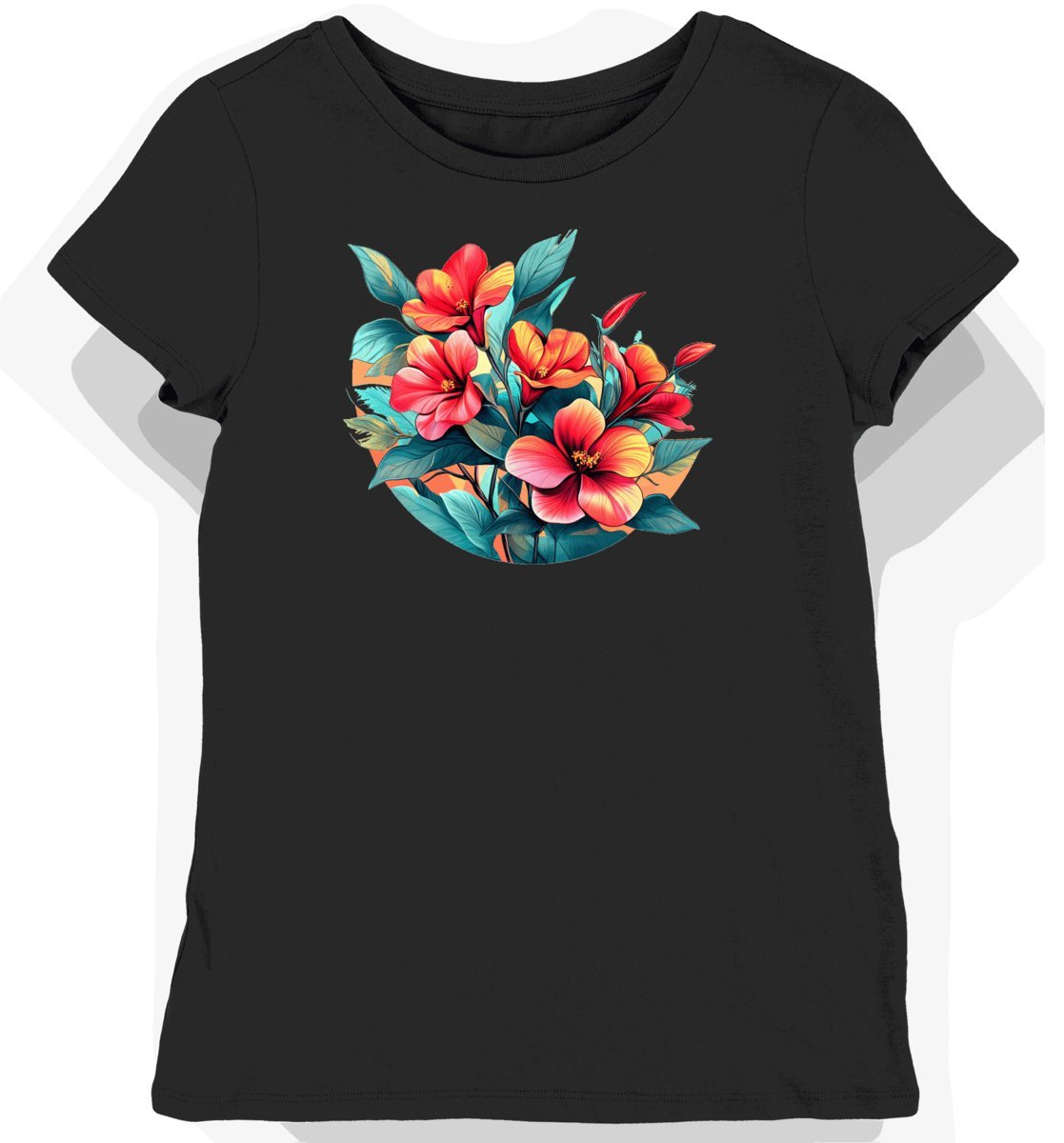 Koszulka damska czarna z nadrukiem kwiatów tropikalnych L