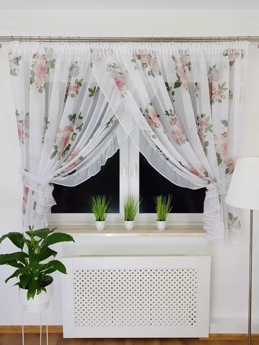 FIRANA Z ETAMINY Z FALBANKĄ I CYRKONIAMI FIRANKI DO SALONU 300X160 KWIATY