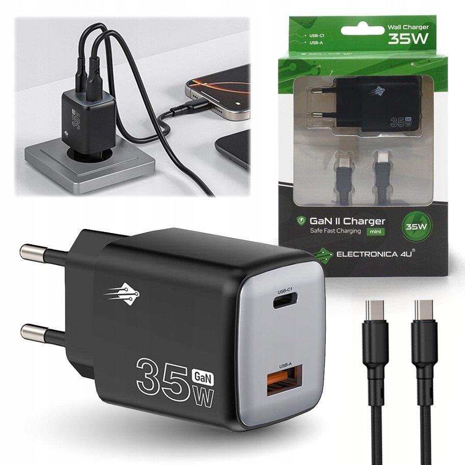 Szybka ładowarka sieciowa 35W GaN II 3A 20V QC3.0 PD3.0 USB C USB A + kabel