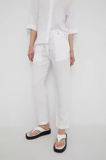 Spodnie damskie - BOSS spodnie lniane damskie kolor biały szerokie high waist - - grafika 1