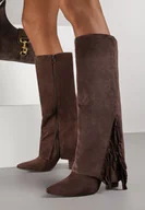 Kozaki damskie - Brązowe Kozaki na Słupku z Wywiniętą Cholewką z Frędzlami Linadela - miniaturka - grafika 1