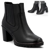 Botki damskie - Rieker Botki Damskie SKÓRZANE Wygodne na Klocku Eleganckie Modne Czarne Zamek 38 - miniaturka - grafika 1