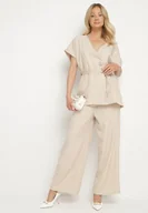 Komplety damskie - Beżowy Garniturowy Komplet Marynarka z Paskiem i Szerokie Spodnie Milsedi - miniaturka - grafika 1