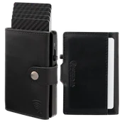 Etui na dokumenty i karty - Skórzany portfel męski z zewnętrzną kieszenią na kartę oraz aluminiowym etui z wysuwanymi kartami (czarny) - miniaturka - grafika 1