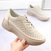 Półbuty damskie - Skórzane półbuty damskie ażurowe beżowe Sergio Leone SP013 - miniaturka - grafika 1