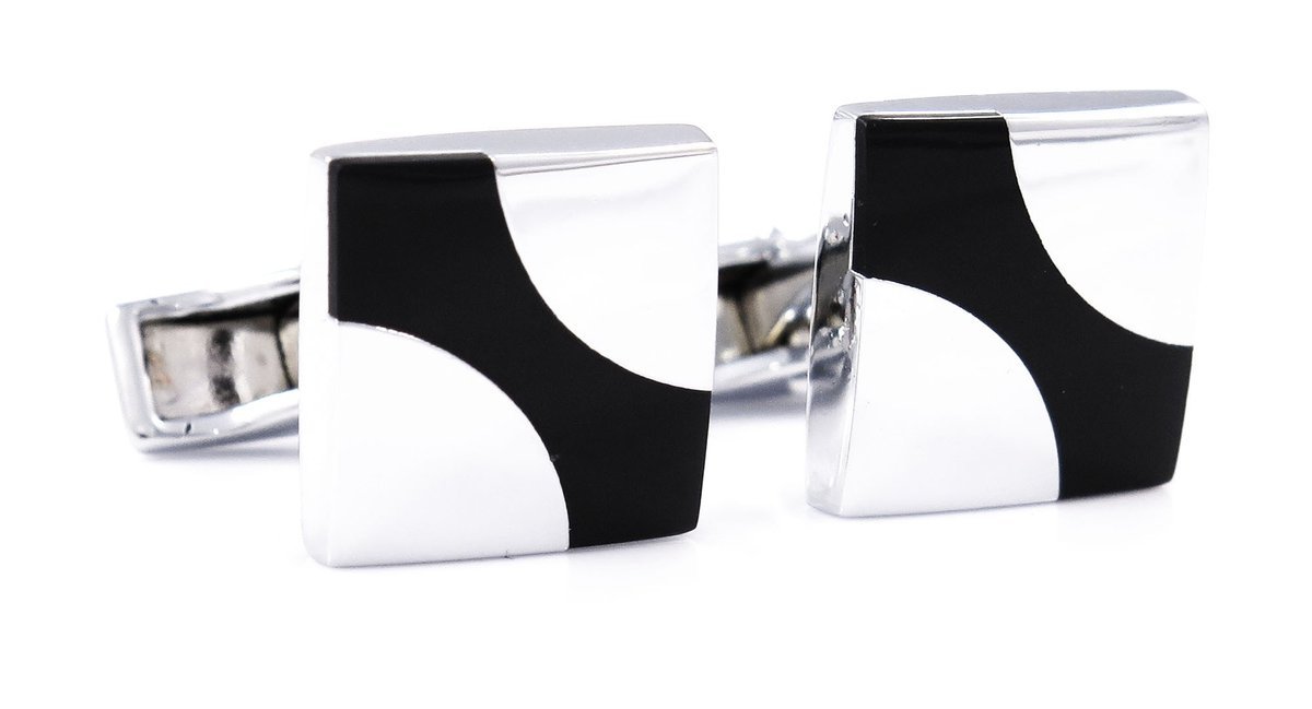Kwadratowe srebrno-czarne spinki do mankietów H125