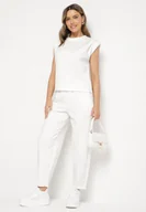 Dresy damskie - Biały Komplet Dresowy z Wiskozą Bluzka Bez Rękawów i Spodnie z Gumką w Talii Nitadora - miniaturka - grafika 1