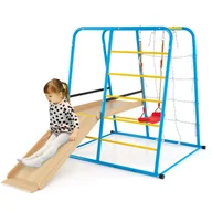 Place zabaw - 6 w 1 Plac zabaw do wspinaczki ze zjeżdżalnią i regulowaną huśtawką, do wspinaczki z drabinką i drążkami do małpowania, nośność 100 kg od 3 lat - miniaturka - grafika 1