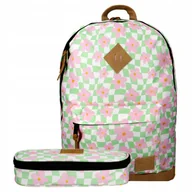 Plecaki szkolne i tornistry - Zestaw plecak szkolny młodzieżowy szachownica kwiatki pastel miętowy kratka - miniaturka - grafika 1